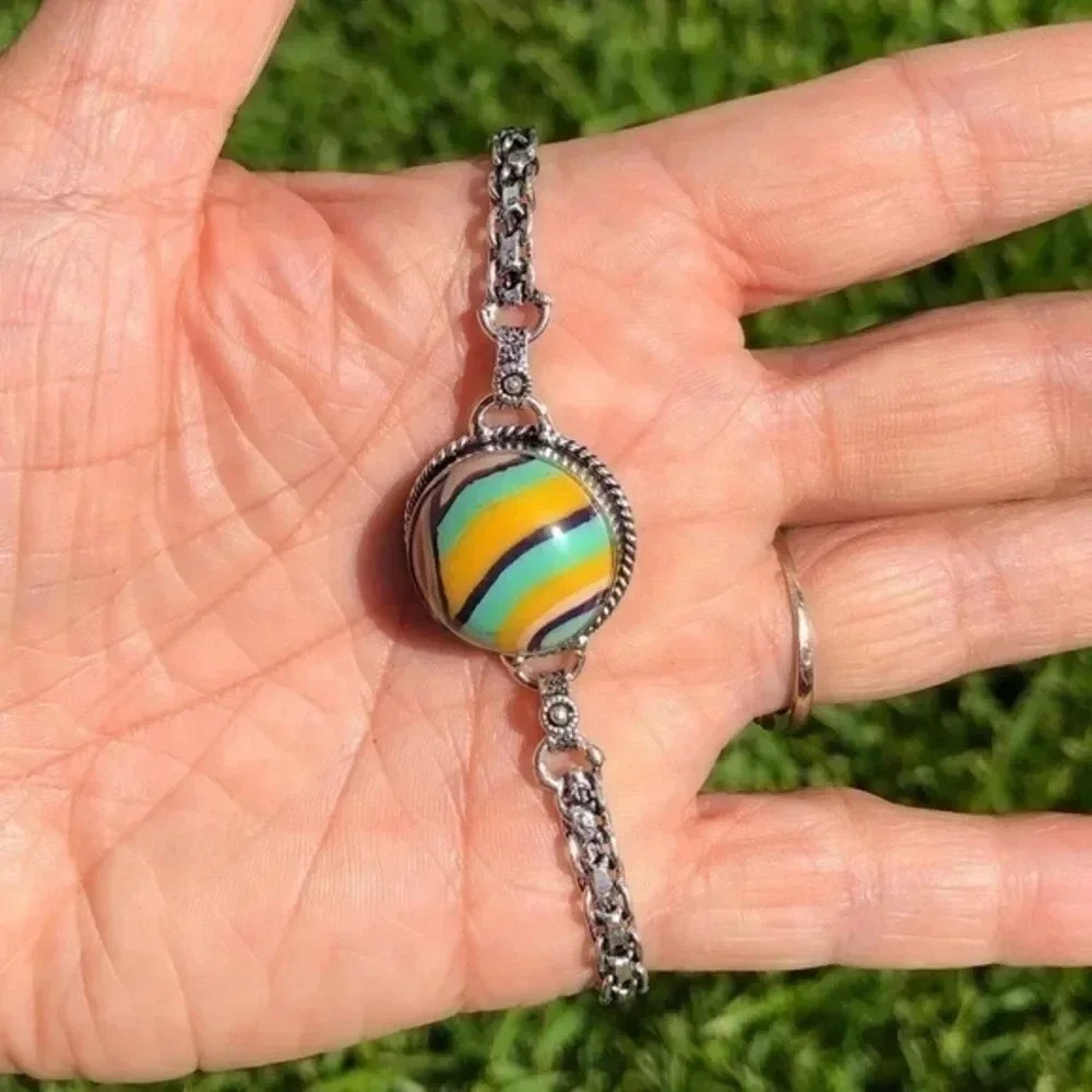 Rainbow Jasper Dome Silver Chain Bracelet NWT